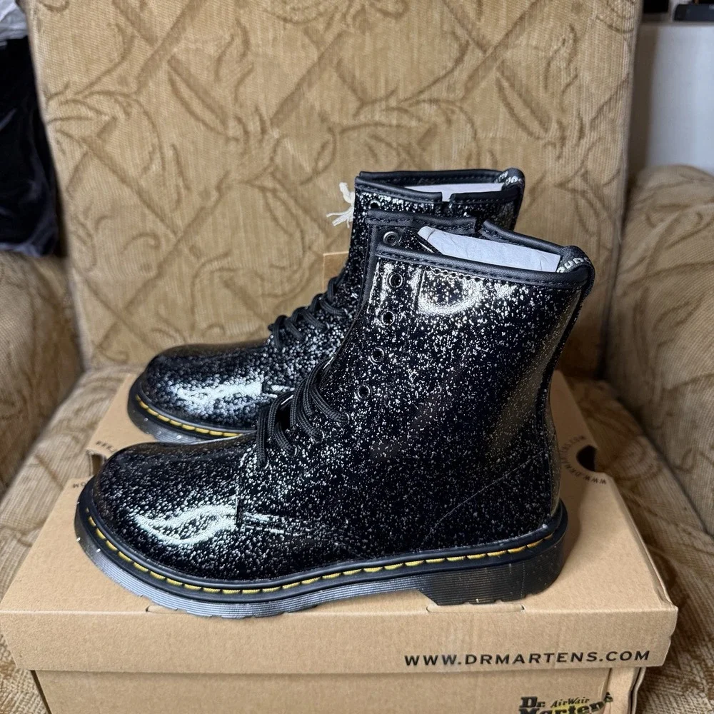 Dr. Martens‎ Black Sparkle Cosmic Glitter 1460 J Lace Up Girls Boots US 6 UK 4
